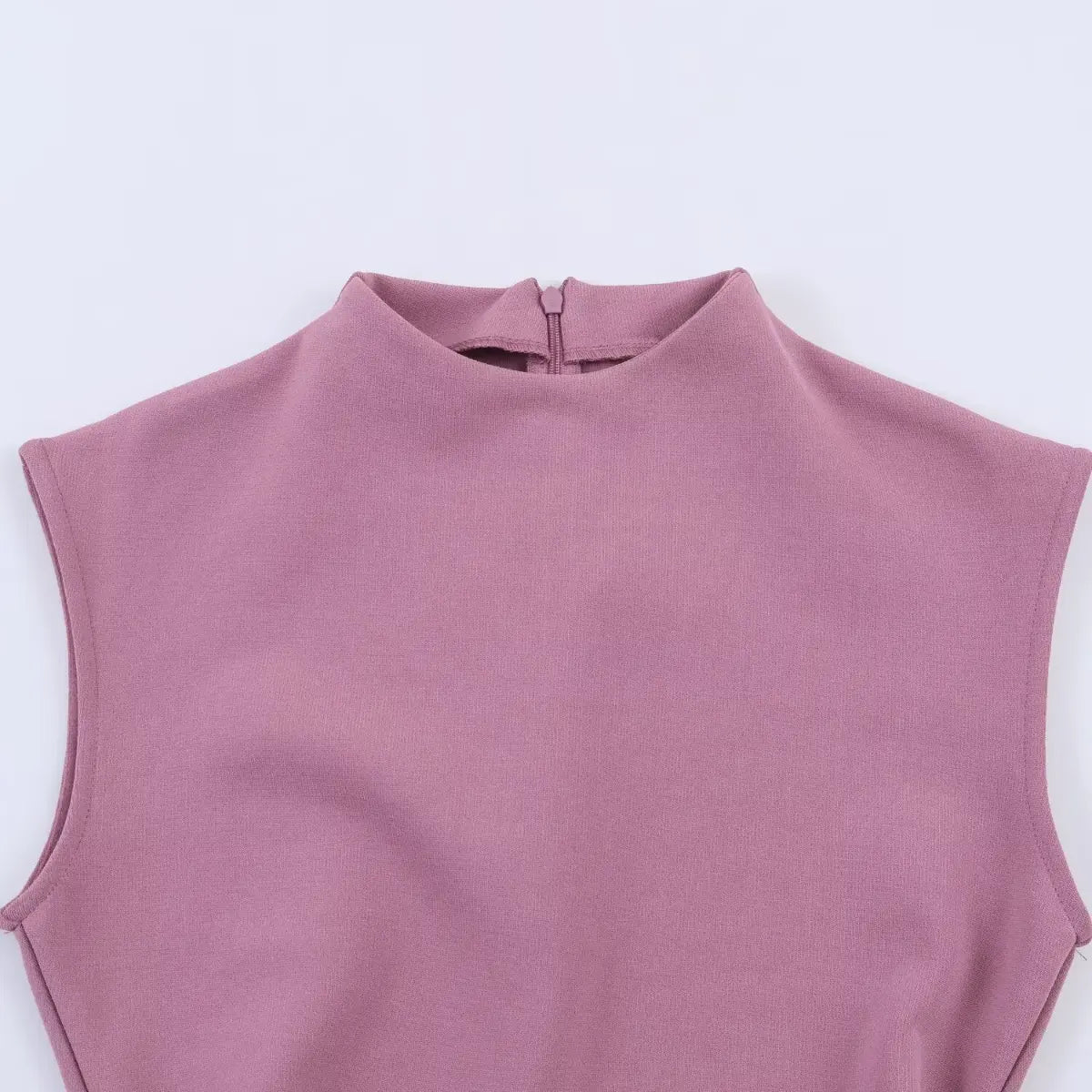 Front view of the dress's high neck and cap sleeves, highlighting the round stand-up collar and fitted shoulder seams.