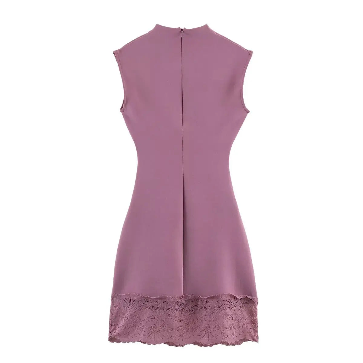 Back view of the same dusty rose dress, showing the center back zipper, fitted silhouette, and matching lace hem.