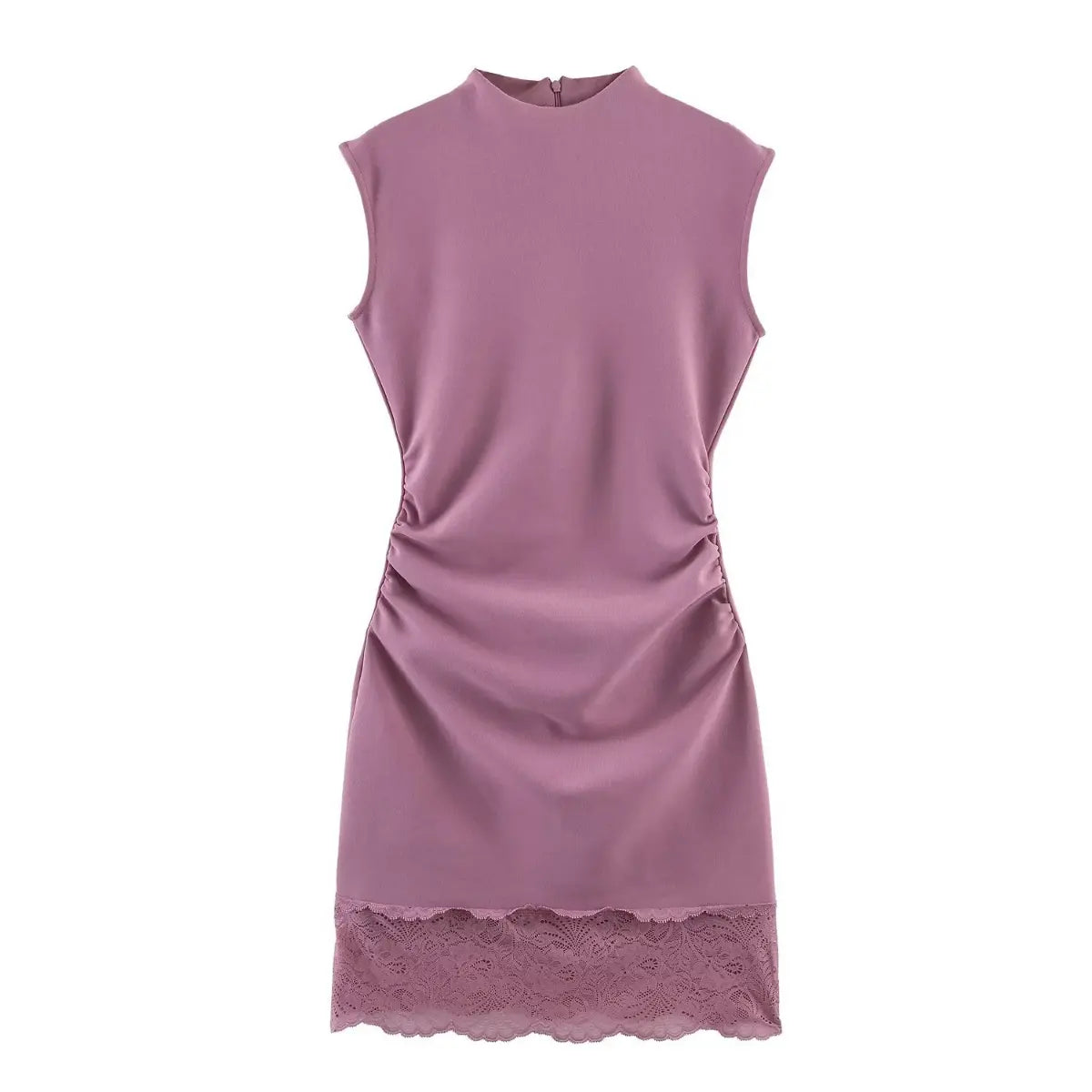 Front view of a dusty rose sleeveless dress, featuring a high neck, side ruching, and delicate lace trim at the hem.