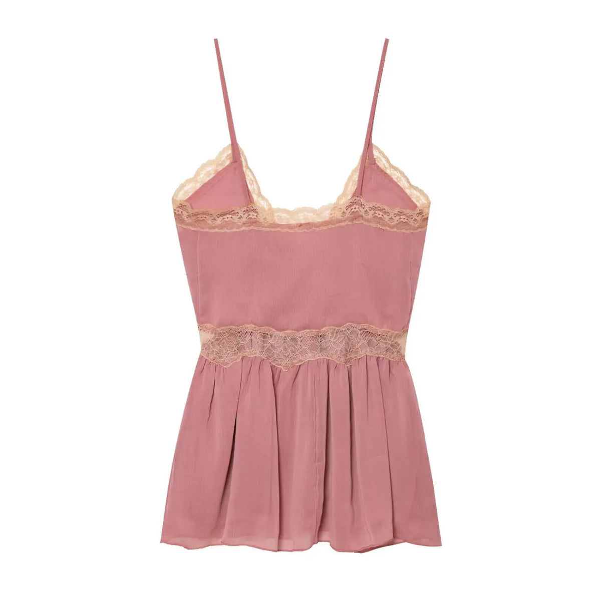 Back flat lay of dusty rose lace trim chiffon cami top