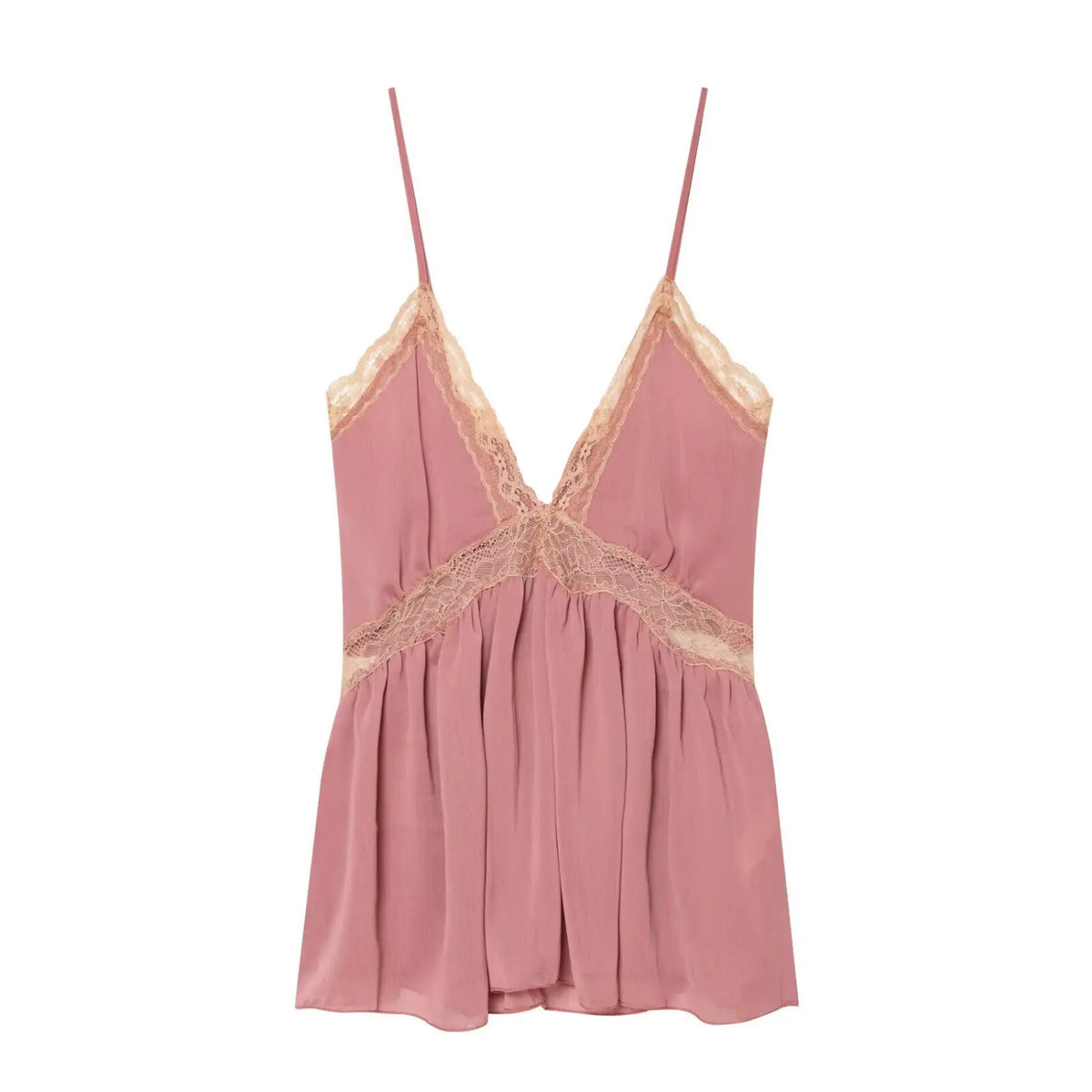 Front flat lay of dusty rose lace trim chiffon cami top