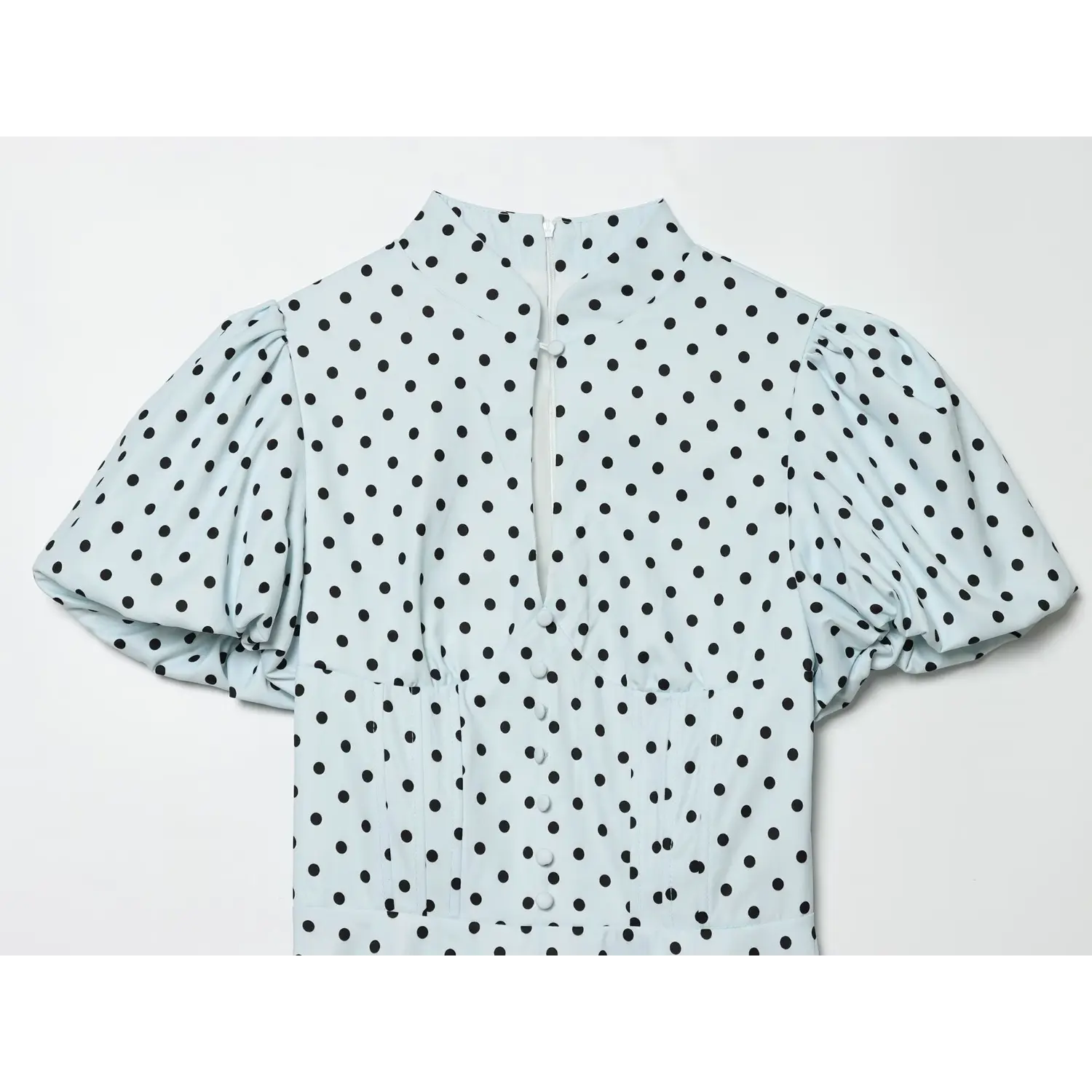 Dusty blue black polka dot dress front view,stand collar,puff short sleeve,faux button bodice