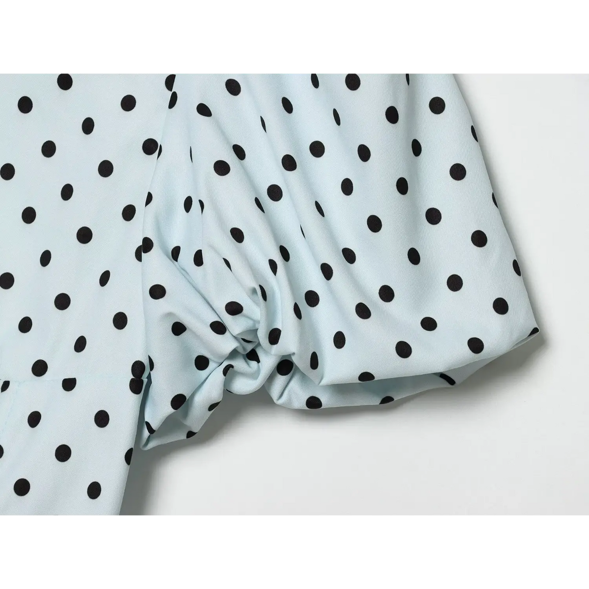 Dusty blue black polka dot dress puff short sleeve hem detail,voluminous sleeve cutting