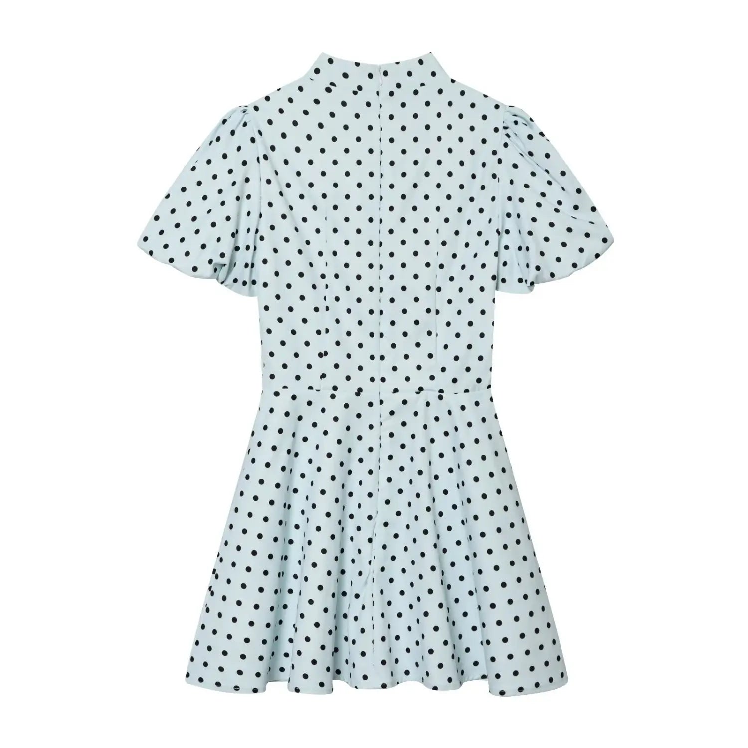 Dusty Blue polka dot mini dress back view,concealed back zipper,puff sleeve,short flared skirt
