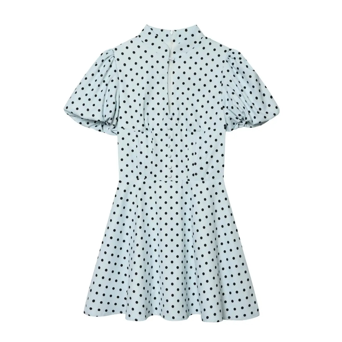 Dusty Blue polka dot mini dress front view,puff short sleeve,stand collar,keyhole neck,faux button detail,fit‑flare cut