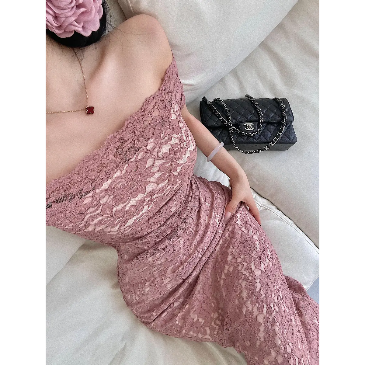 Lay flat shot of dusty pink glitter lace maxi dress