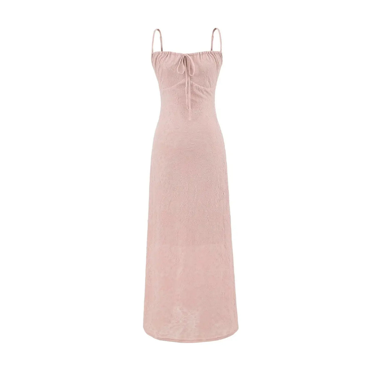 Front full view of dusty pink lace slip maxi dress with thin spaghetti straps