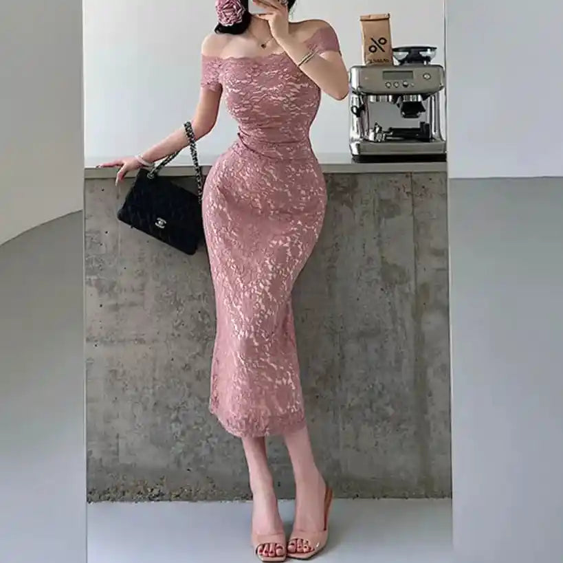 Model wearing dusty pink off‑shoulder lace maxi bodycon dress