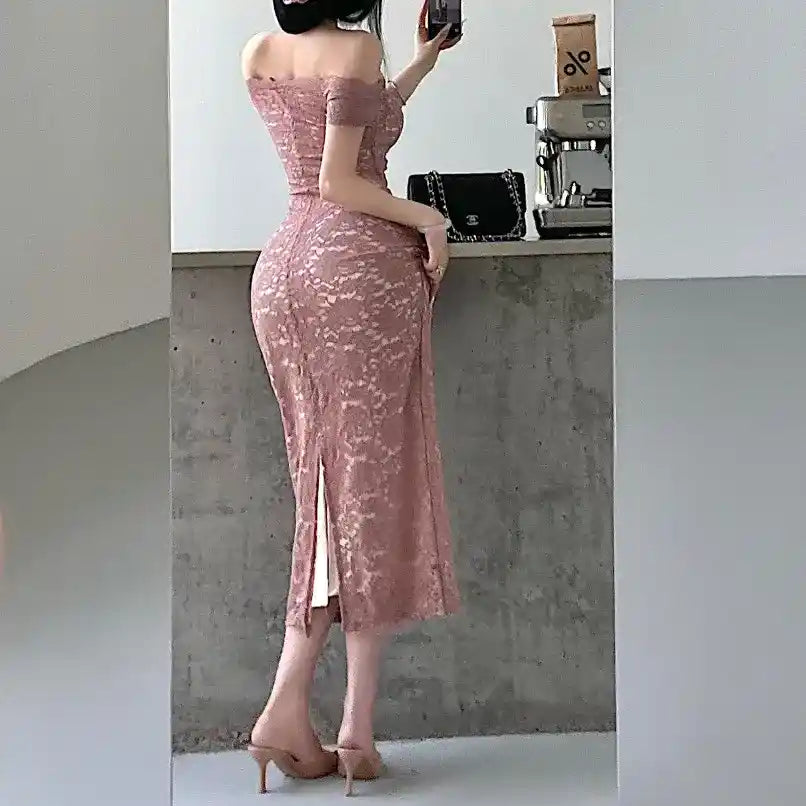 Back view model shot of dusty rose lace bodycon maxi dress