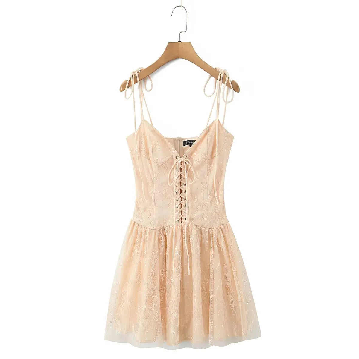 Beige lace corset-style cami dress hanging on wooden hanger, front view