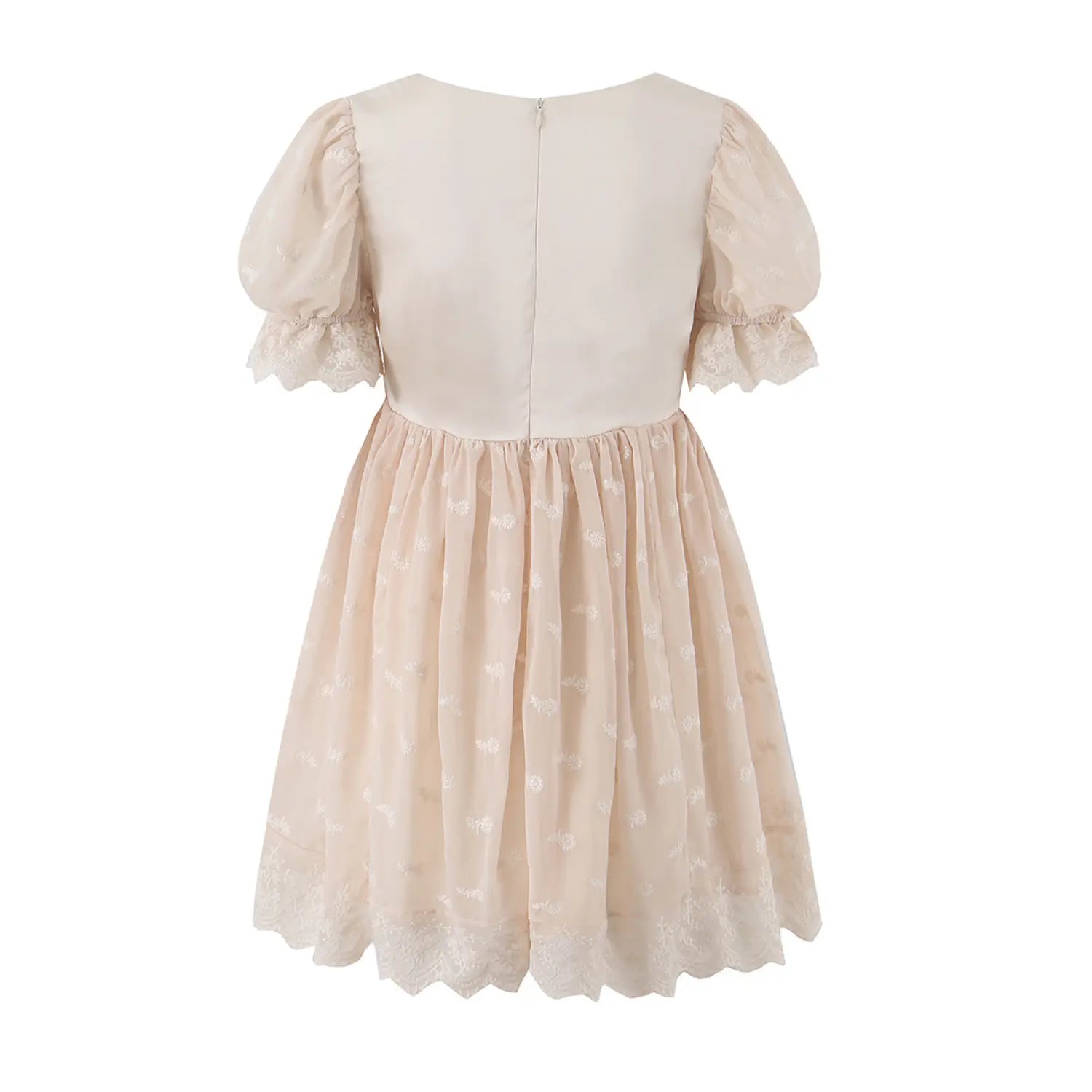 Embroidered tulle puff sleeve mini dress full back plain white flat lay, center invisible back zipper solid full lining smooth minimalist back fit shot