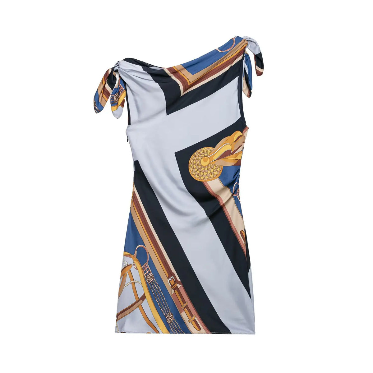 Equestrian scarf print tie shoulder mini dress, back view flat lay
