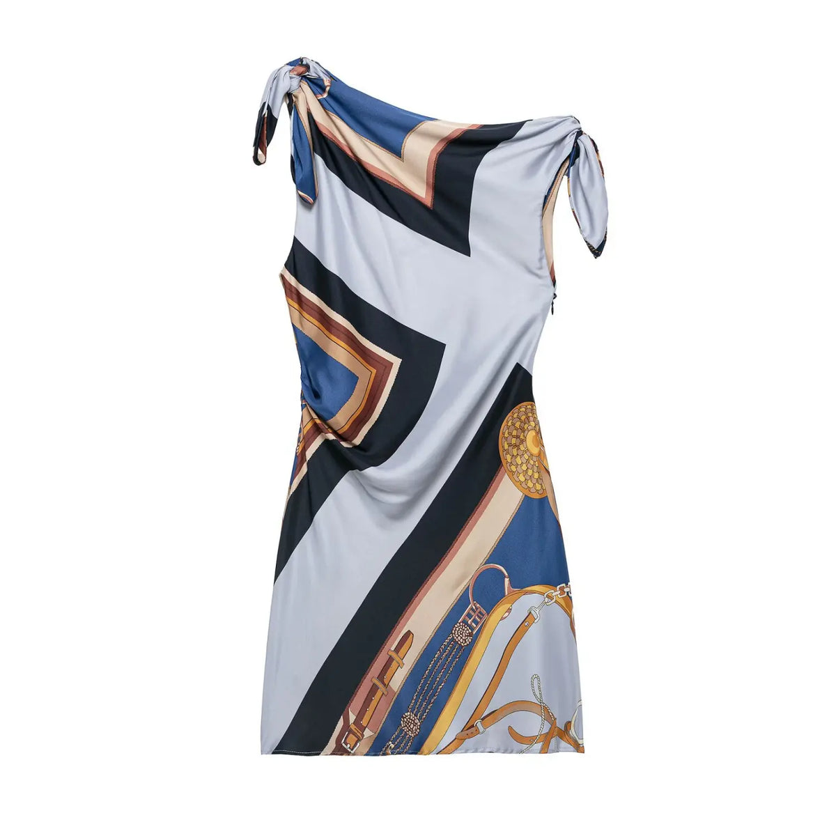 Close-up of draped bodice and equestrian print