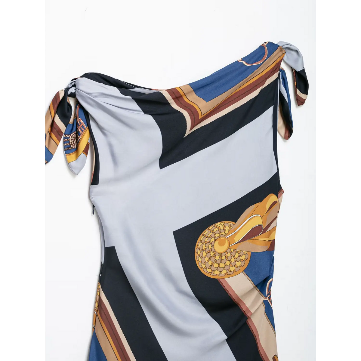 Close-up of draped bodice and equestrian print