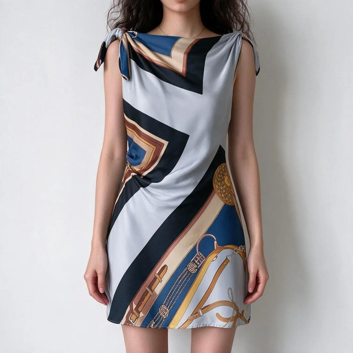 Model wearing equestrian scarf print tie shoulder mini dress, front view