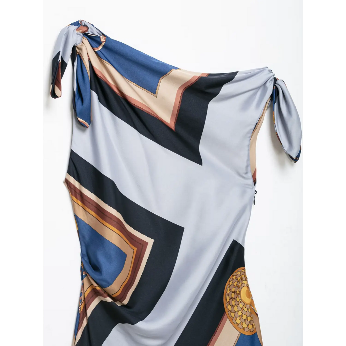 Close-up of side ruched bodice and shoulder knots
