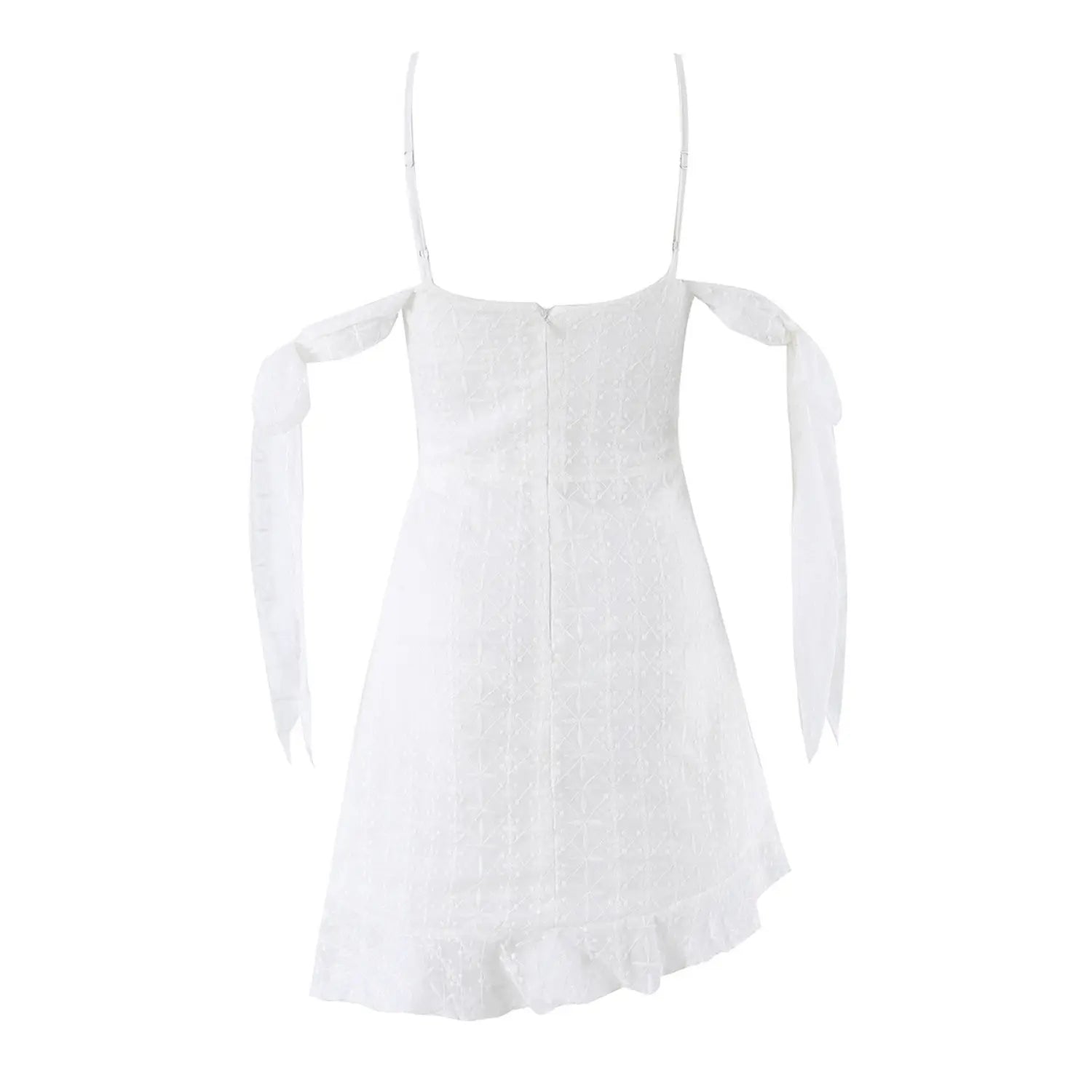 Eyelet embroidered mini dress full back white background flat lay, center invisible zipper adjustable thin straps straight back fitted A-line skirt silhouette shot