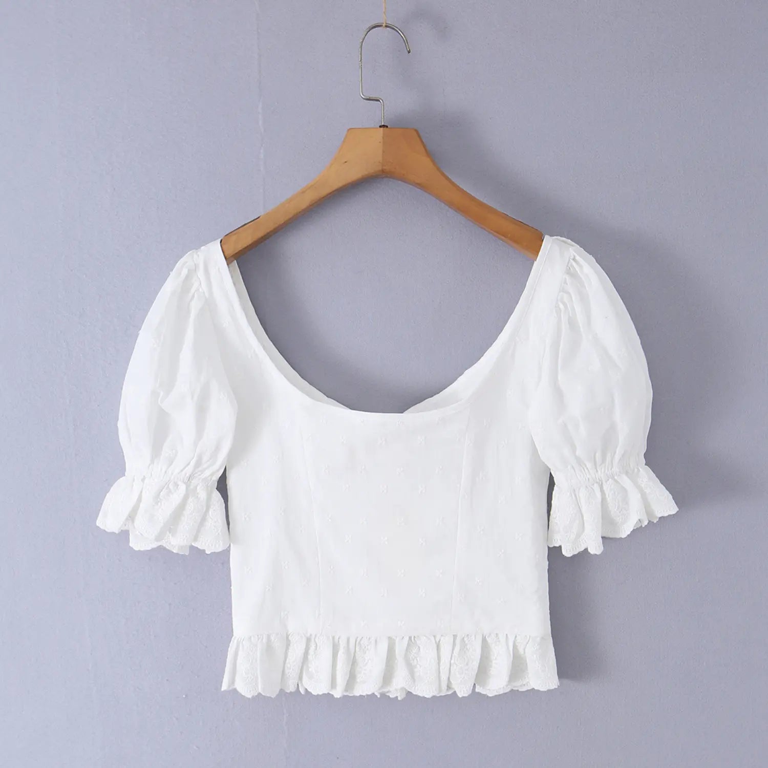 Back hanging shot women white embroidered cotton corset top, plain square back neck lace frill hem bubble puff sleeve shirt