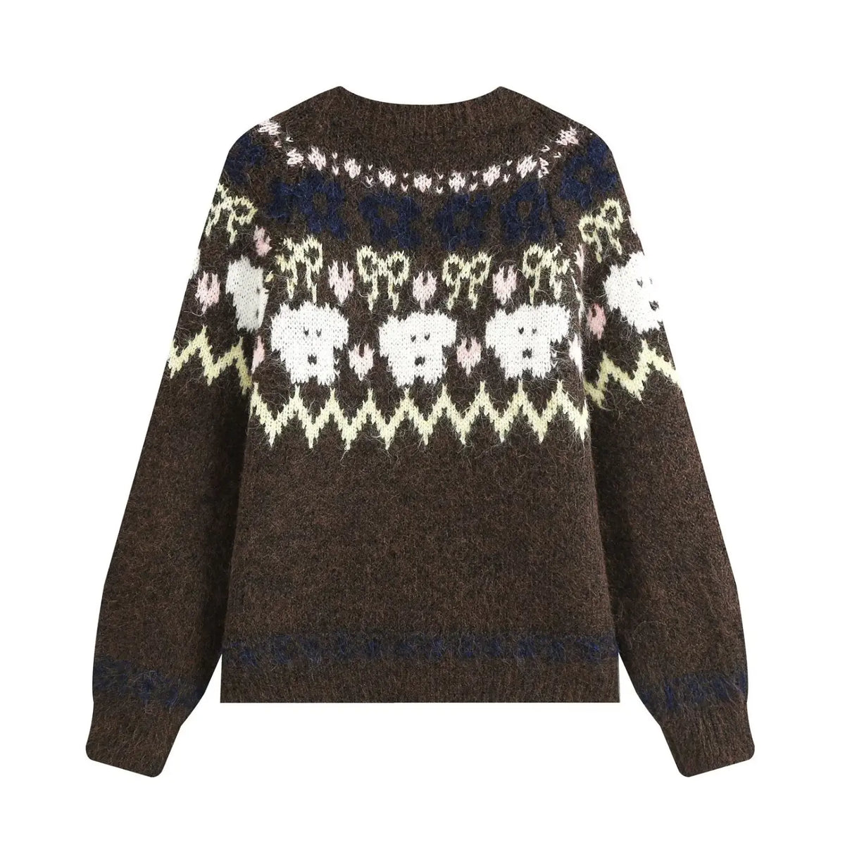Brown fair Isle animal knit zip cardigan, back flat lay