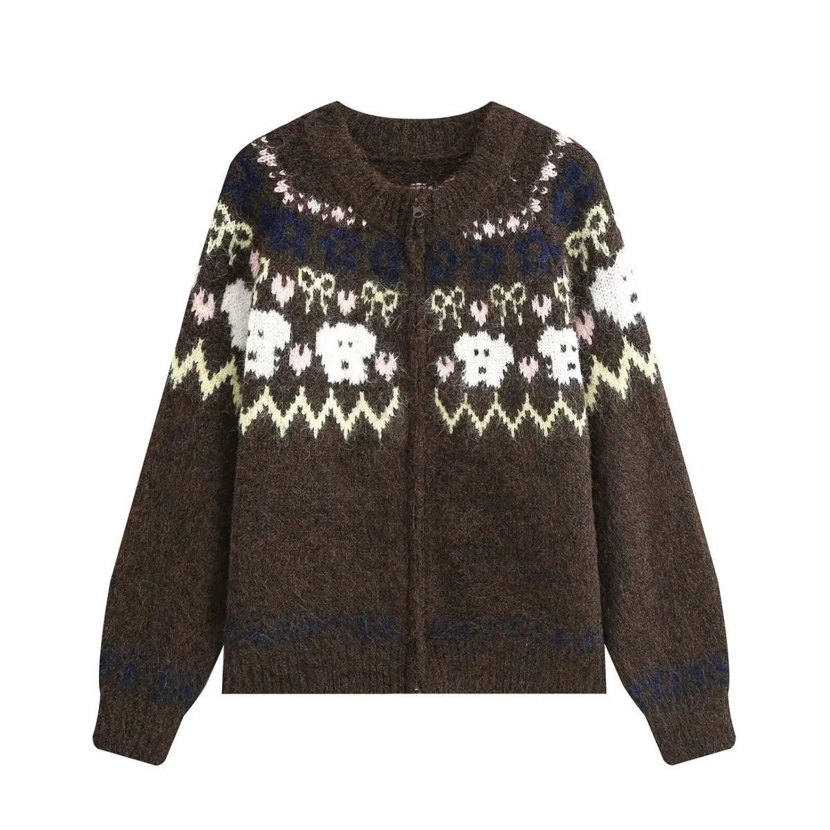 Brown fair Isle animal knit zip cardigan, front flat lay