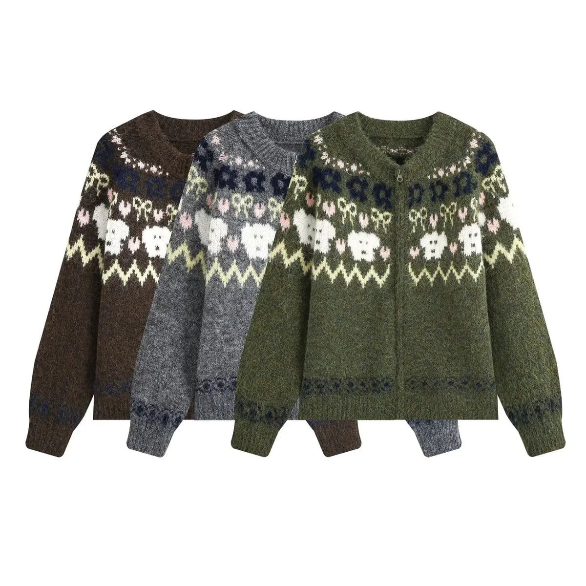 Three colorways of fair Isle animal knit zip cardigan, brown grey olive