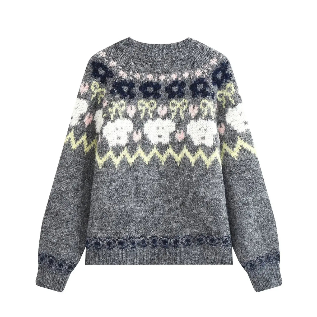 Grey fair Isle animal knit zip cardigan, back flat lay
