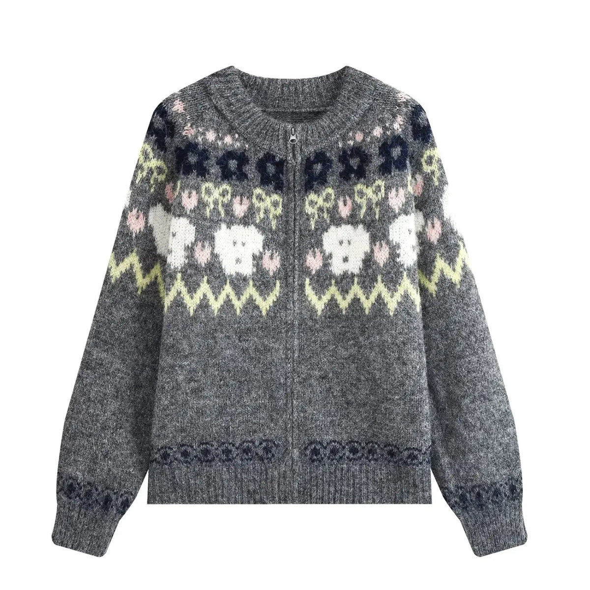 Grey fair Isle animal knit zip cardigan, front flat lay