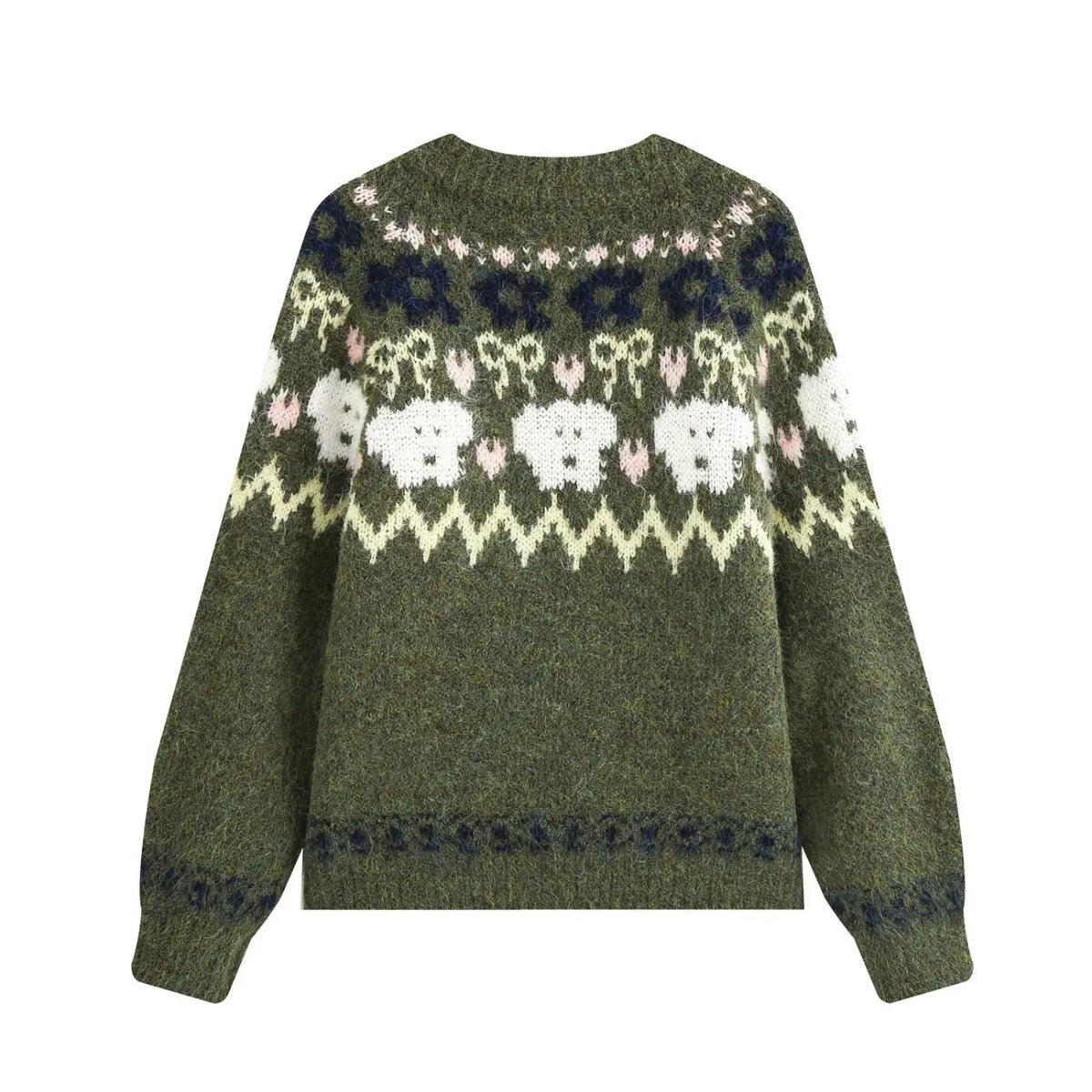 Olive green fair Isle animal knit zip cardigan, back flat lay