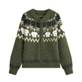Olive green fair Isle animal knit zip cardigan, front flat lay