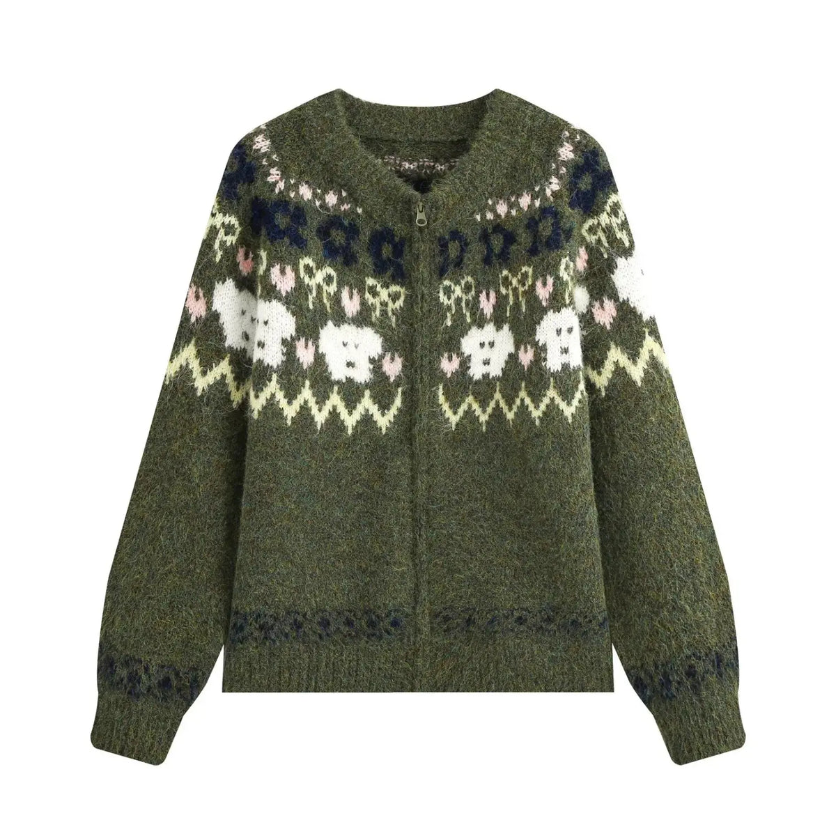 Olive green fair Isle animal knit zip cardigan, front flat lay