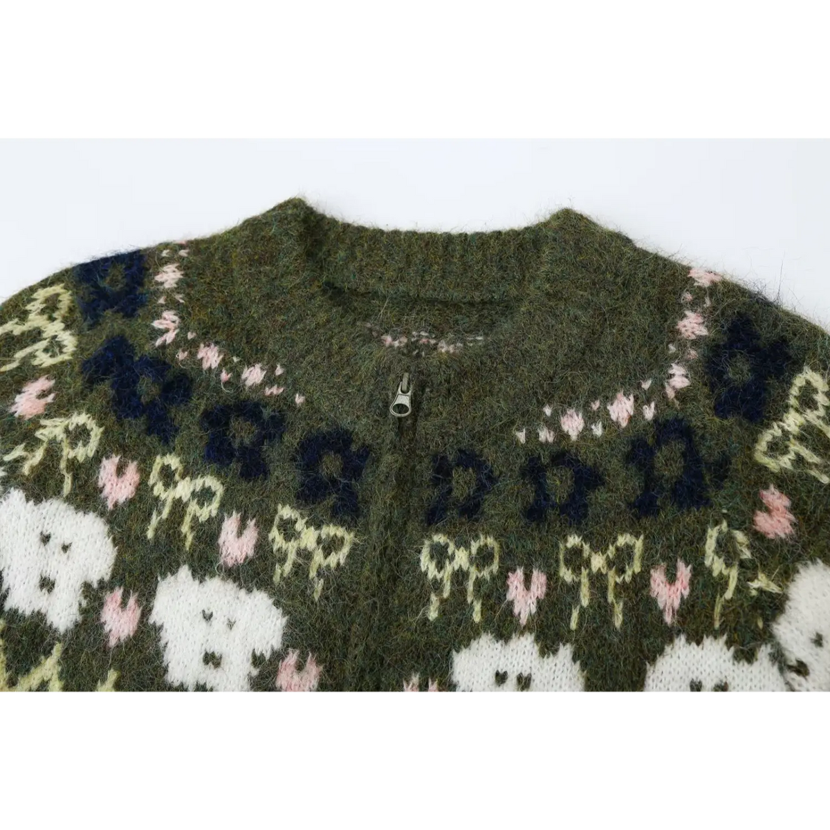 Close-up of ribbed crew neck and metal zipper pull