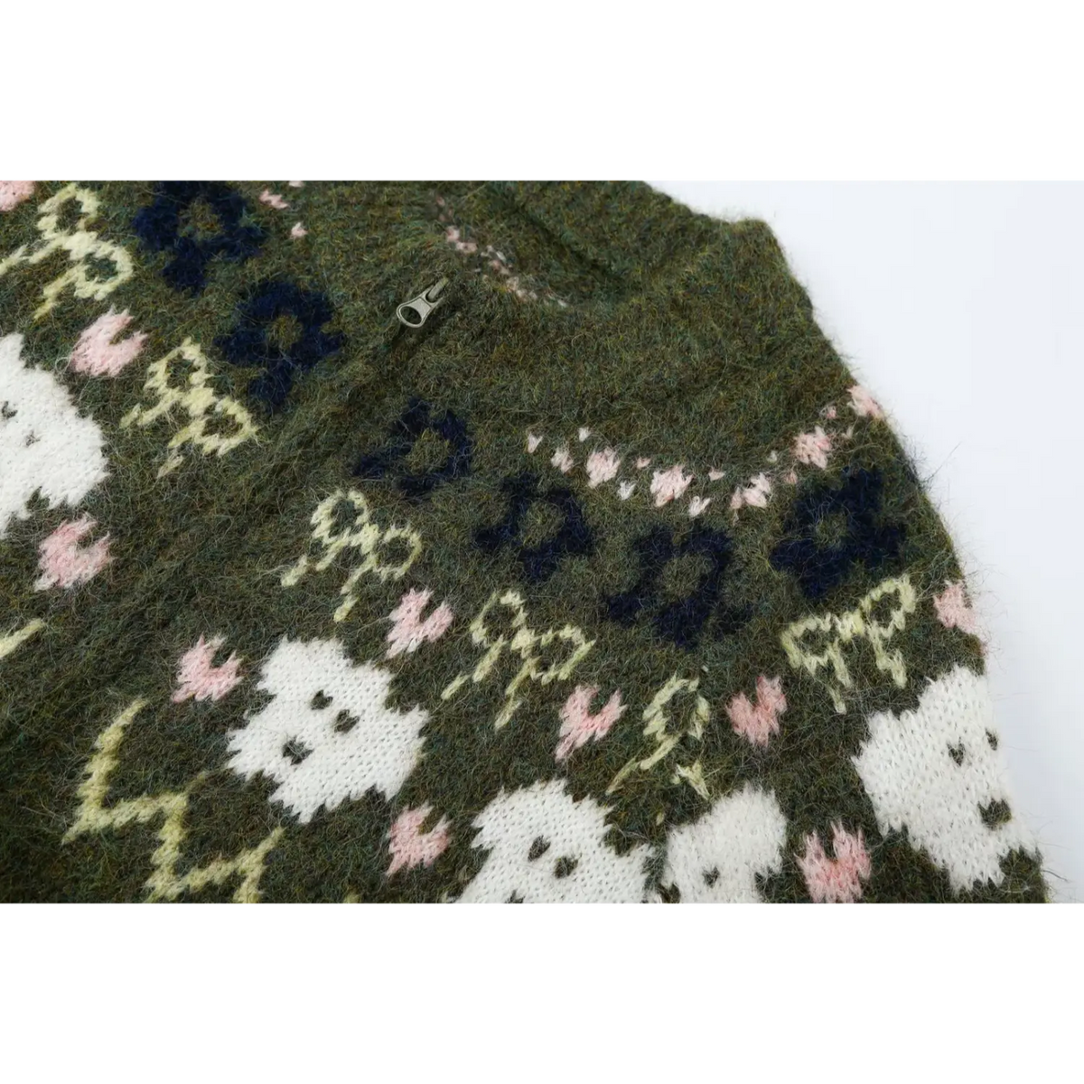 Close-up of horizontal fair Isle yoke with animal faces and hearts