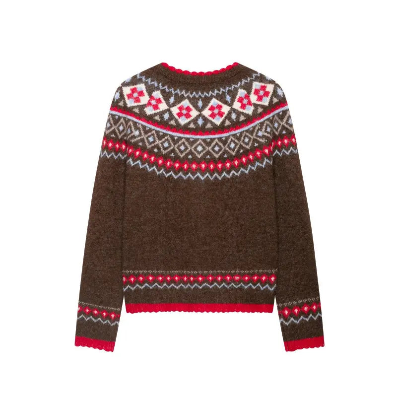 Fair isle scallop trim button front cardigan, back flat lay