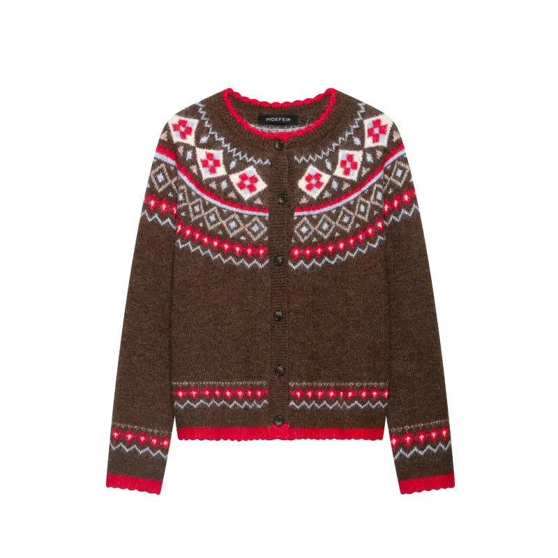 Fair isle scallop trim button front cardigan, front flat lay