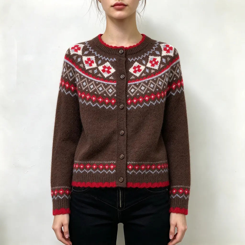Model wearing fair isle scallop trim button front cardigan with jeans, front view