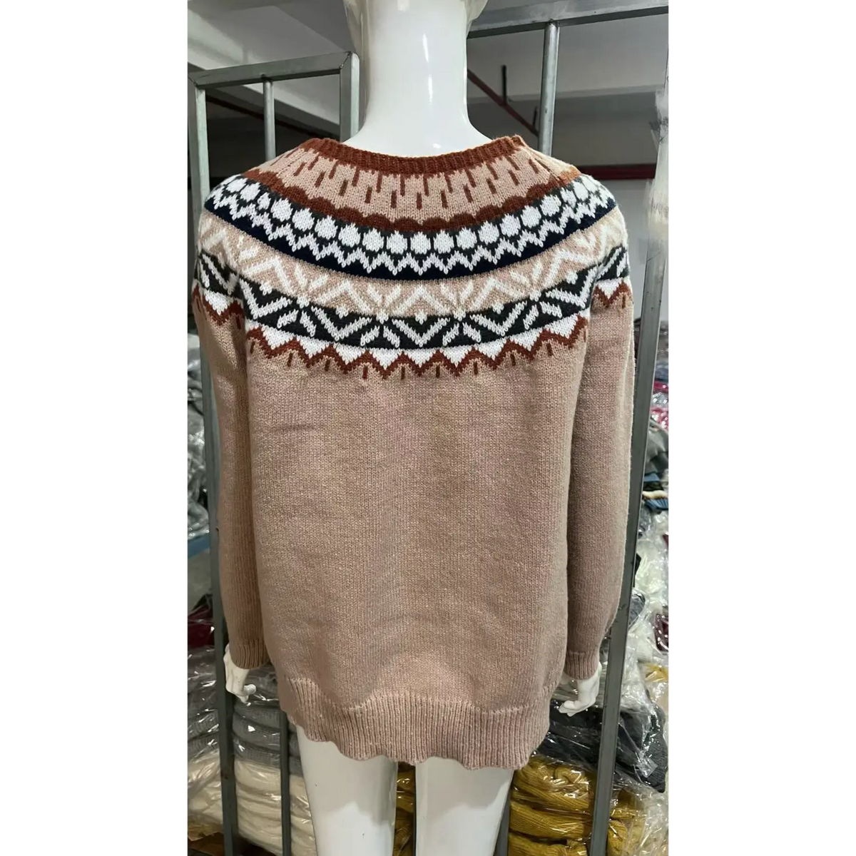 Back view of fair isle yoke crew neck knit sweater on mannequin
