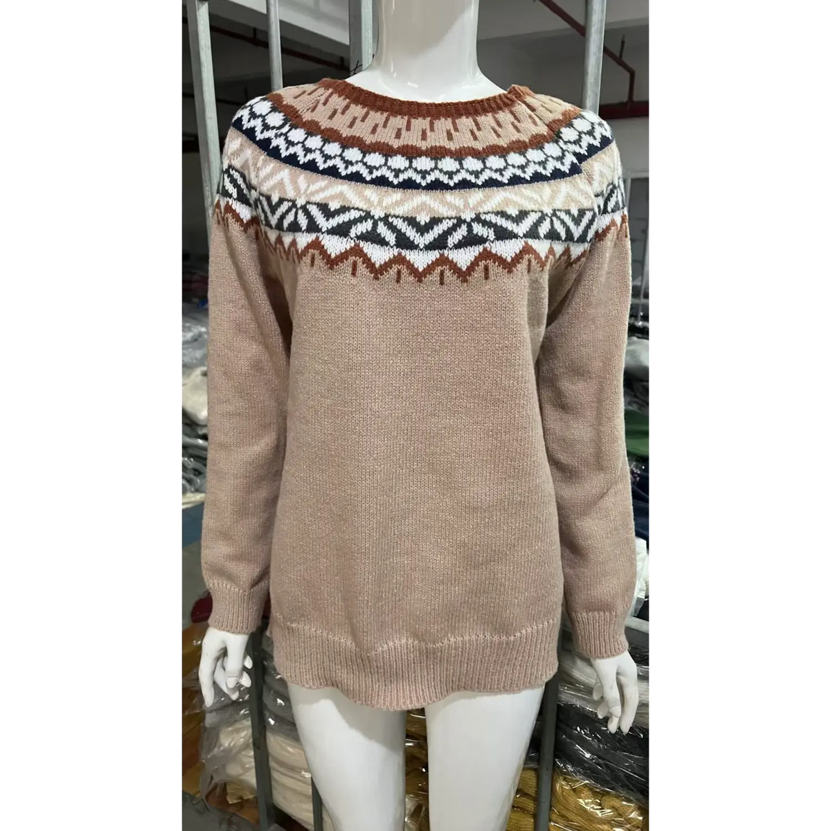 Front view of fair isle yoke crew neck knit sweater on mannequin