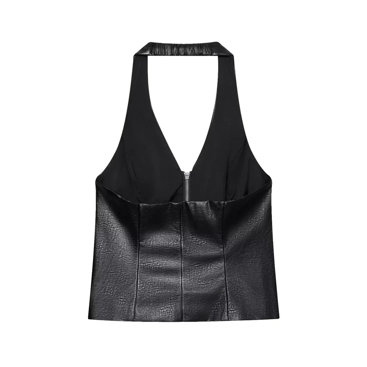 Black faux leather zip front halter vest, back flat lay