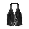 Black faux leather zip front halter vest, front flat lay