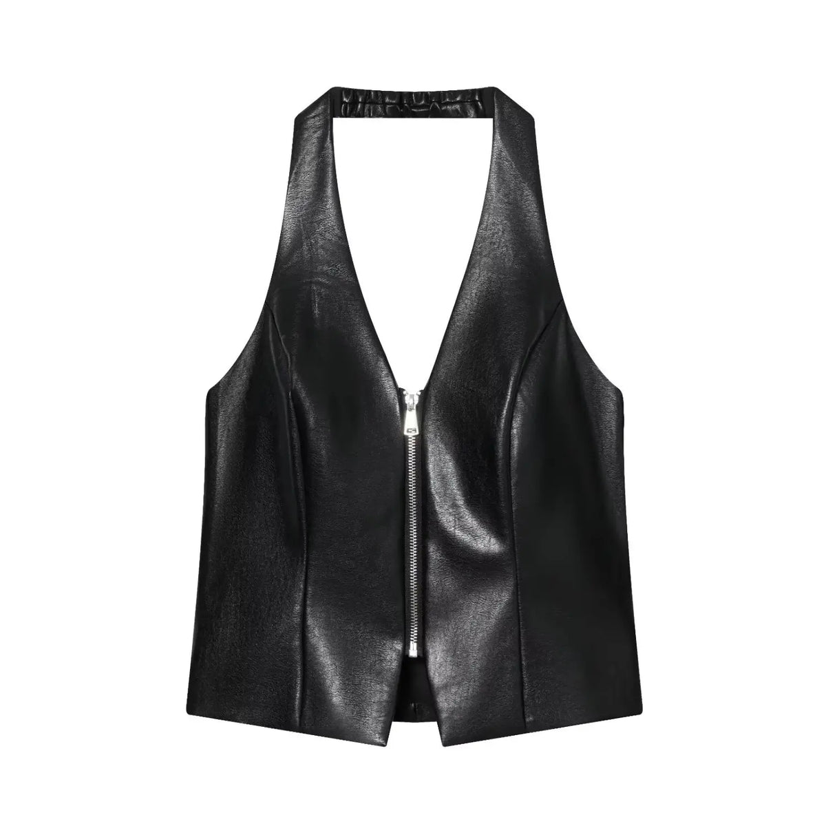 Black faux leather zip front halter vest, front flat lay