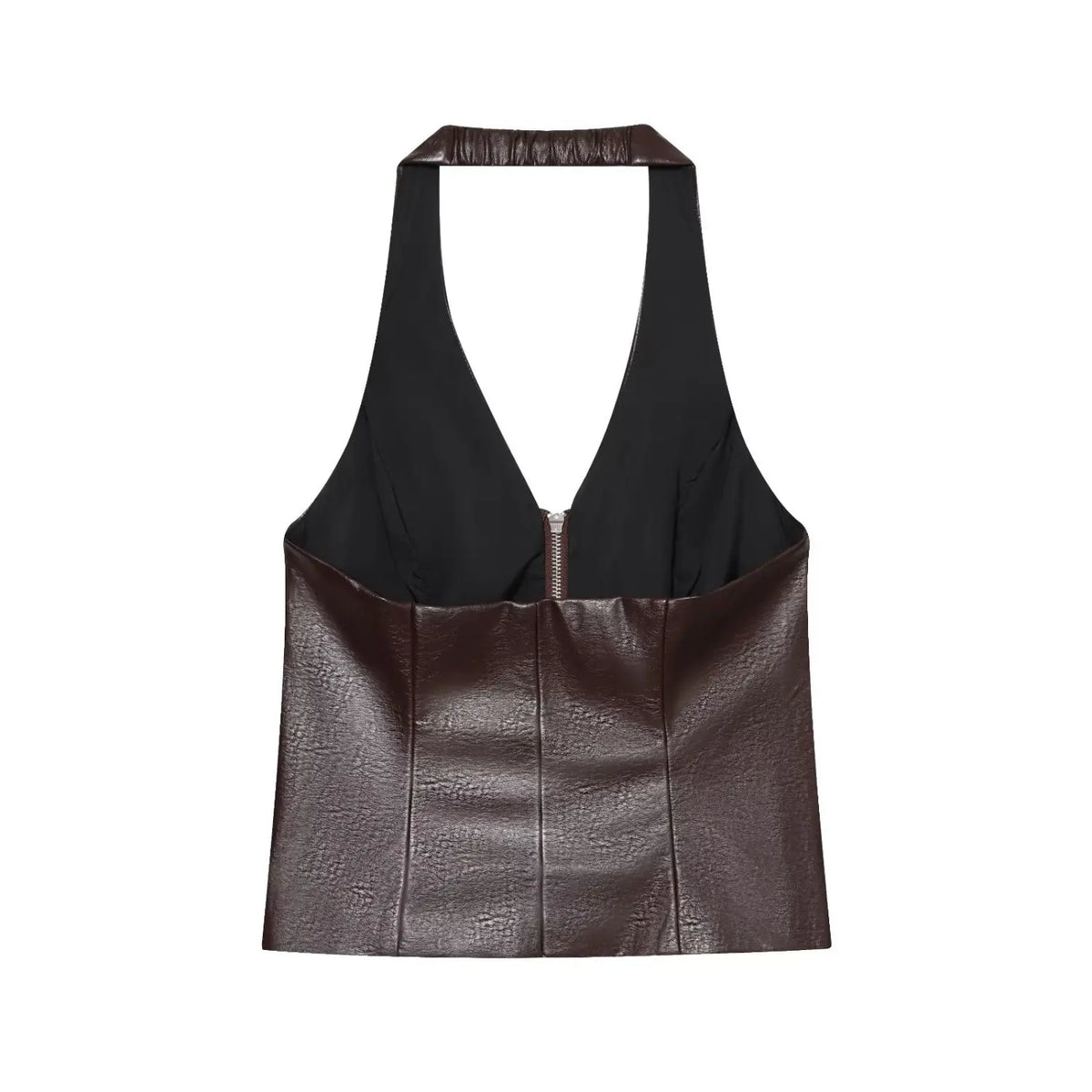 Burgundy brown faux leather zip front halter vest, back flat lay