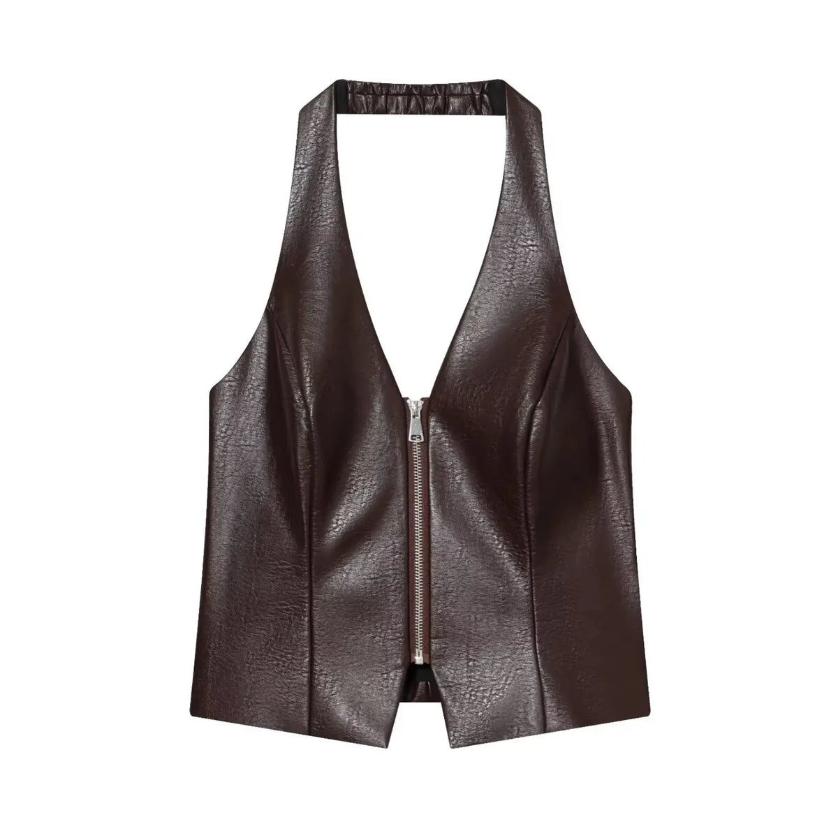 Burgundy brown faux leather zip front halter vest, front flat lay
