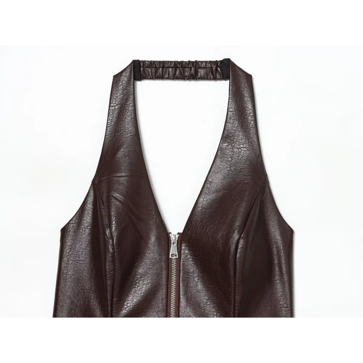 Close-up of brown deep V neckline and silver zipper