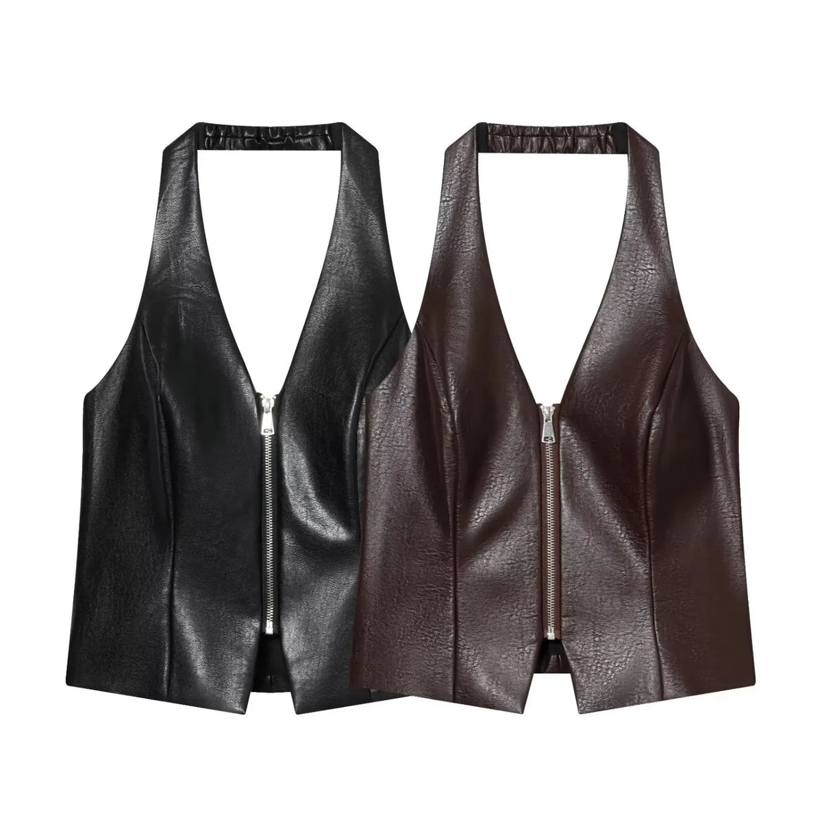 Black and brown faux leather zip front halter vests side by side
