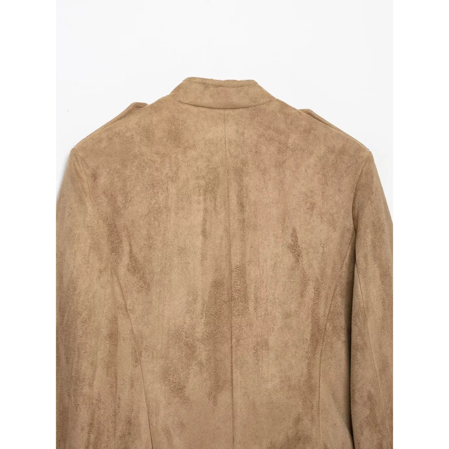 Complete back view tailored khaki suede cropped military jacket plain rear silhouette