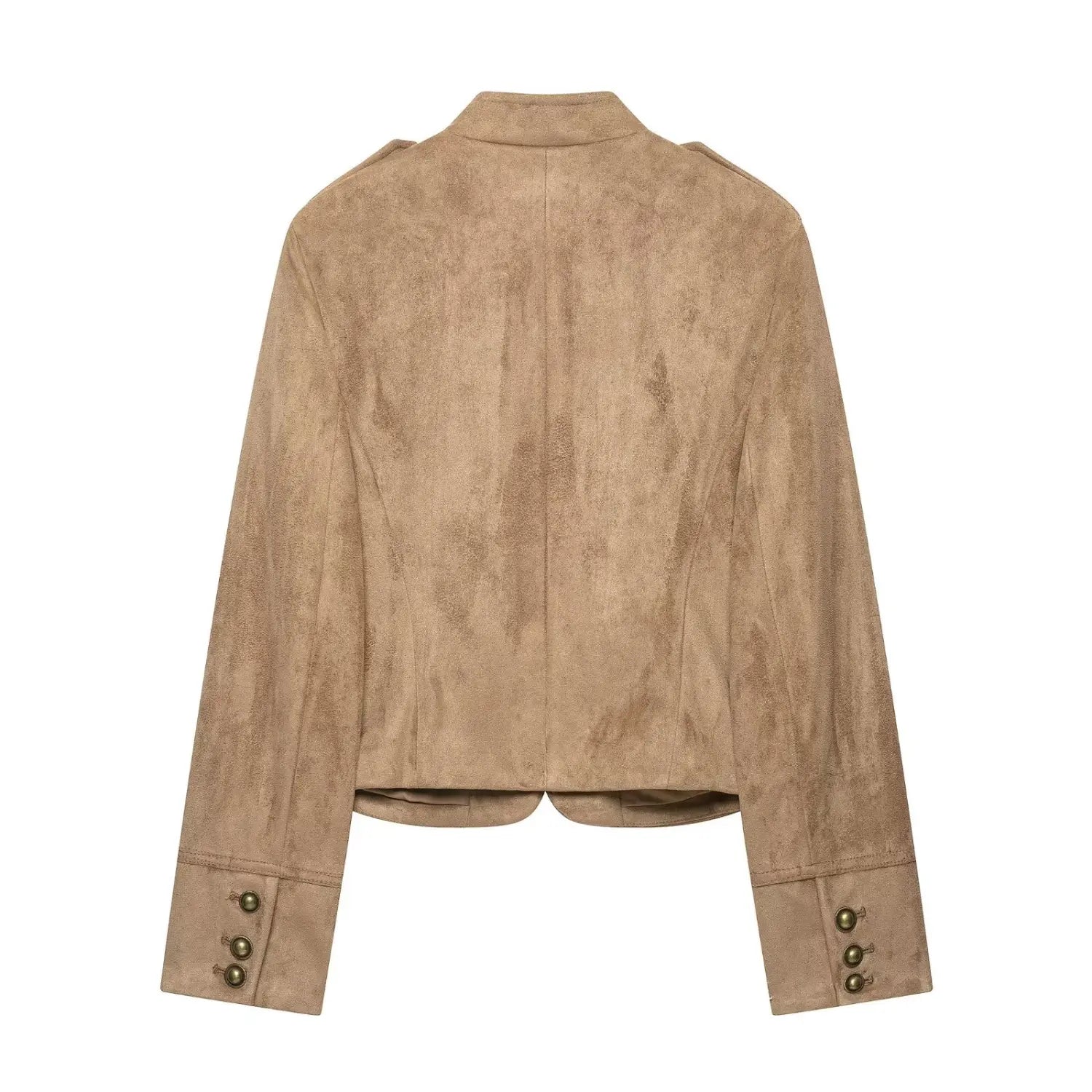 Back shot khaki suede cropped military jacket, solid plain back design with tailored slim silhouette