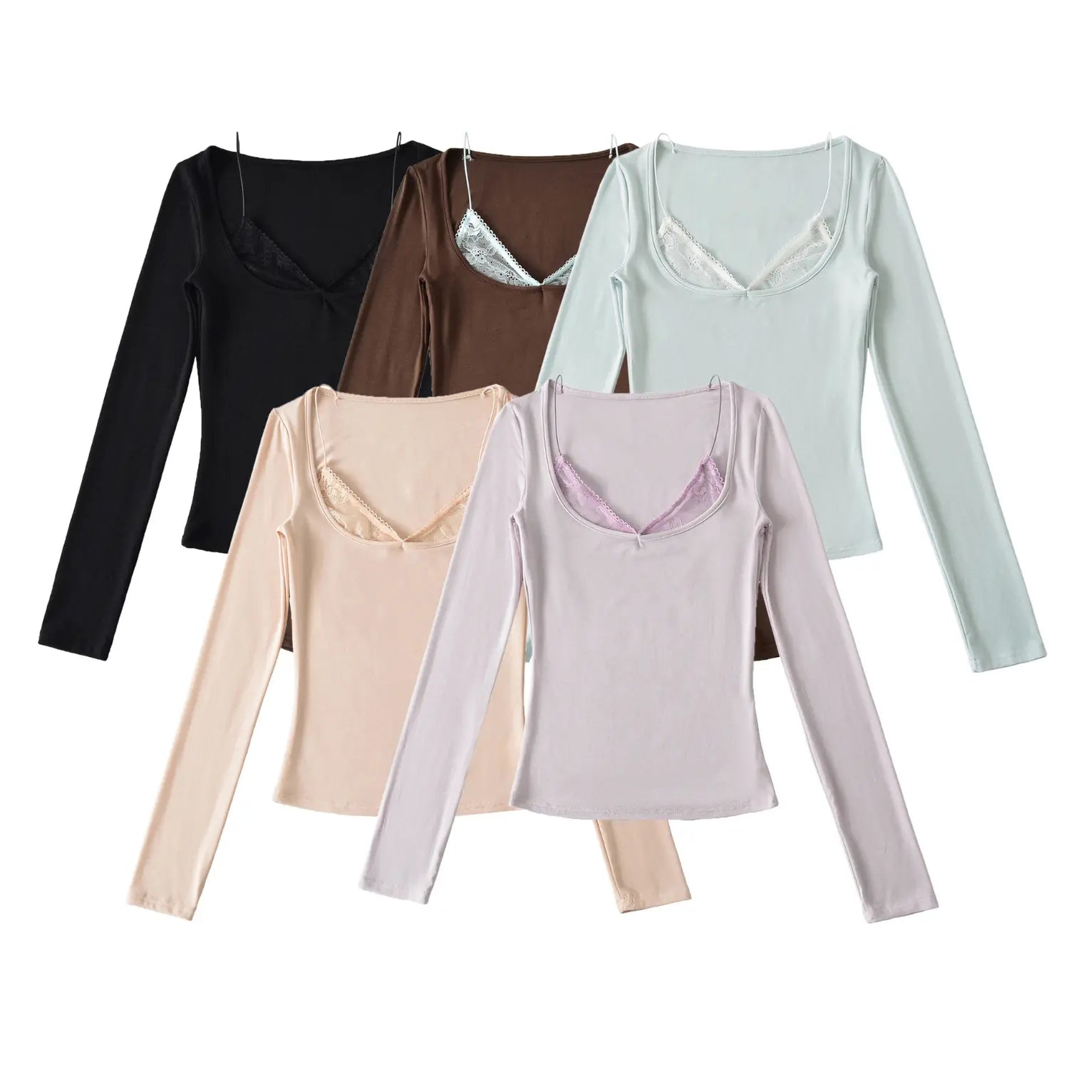 Five color lace fake two piece u neck long sleeve top group flat white lay, black coffee light blue nude pink light lilac full color display, inner contrast lace thin strap stretch slim cropped knit top main product shot