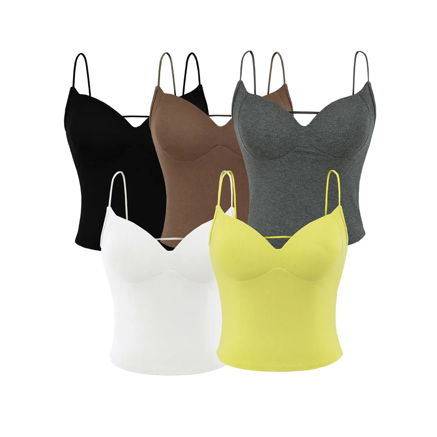 Five color v-neck backless spaghetti strap tank top group flat white lay, black coffee dark grey off white lemon yellow full color display, built-in gathered padded bra front thin cross strap u open back rib slim cropped solid camisole main product shot