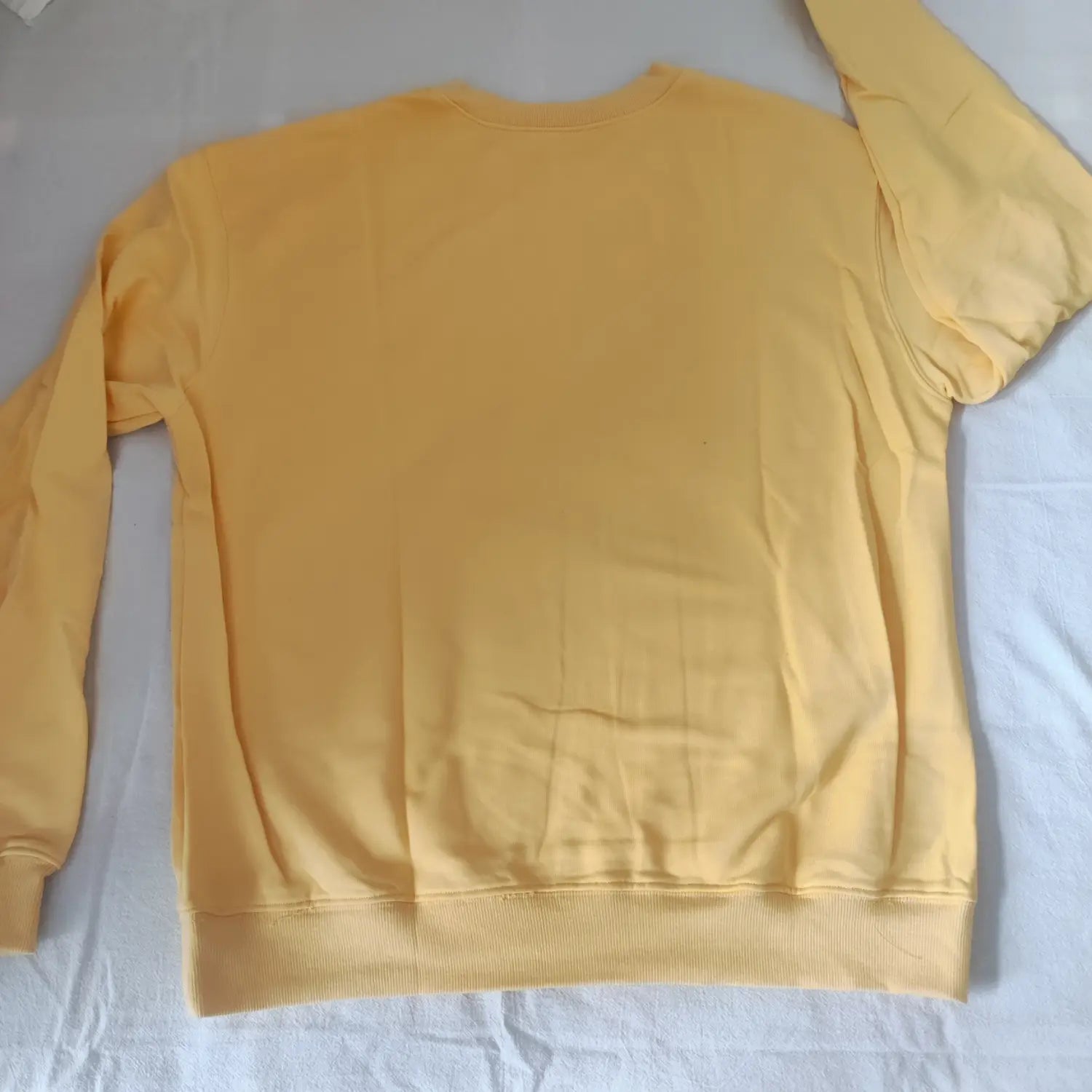 Flat lay back view plain solid yellow relaxed fit crew neck sweatshirt
