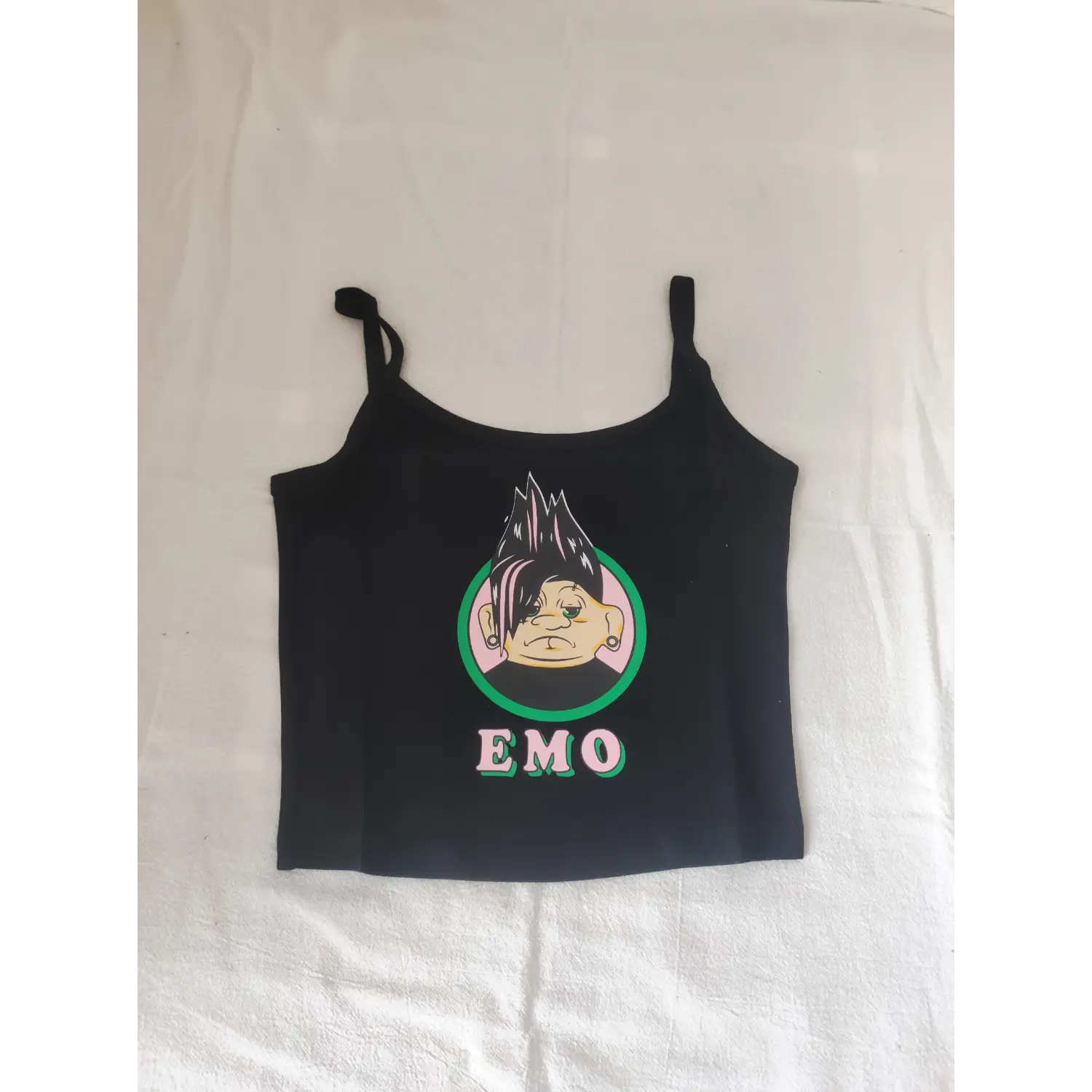 Flat lay front view black fitted camisole featuring cartoon character graphic and letter print